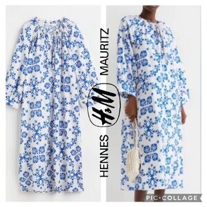 NWT H&M White Caftan with royal blue pattern Size Large 100% Cotton Oversized